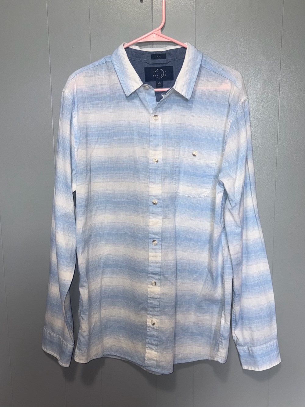 Even Tide Blue White Stripe Linen Cotton Long Sleeve Slim Button Down Large Tall